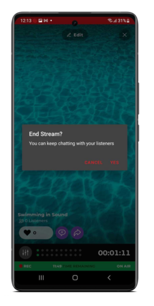 An image showing what happens when ending a live stream on the Android Creators app. The stream ends but everyone can keep chatting!