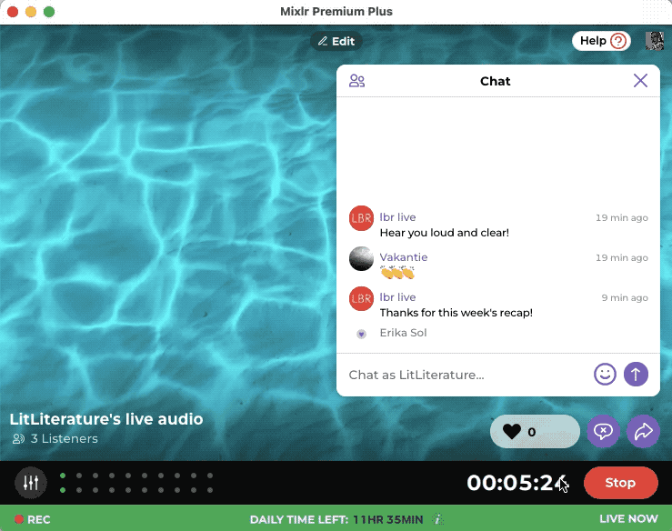 A gif showing how to end a live stream on the Creators desktop app while the chat window stays active. Click Stop then confirm Yes to end live stream. Continue to keep chatting with listeners.