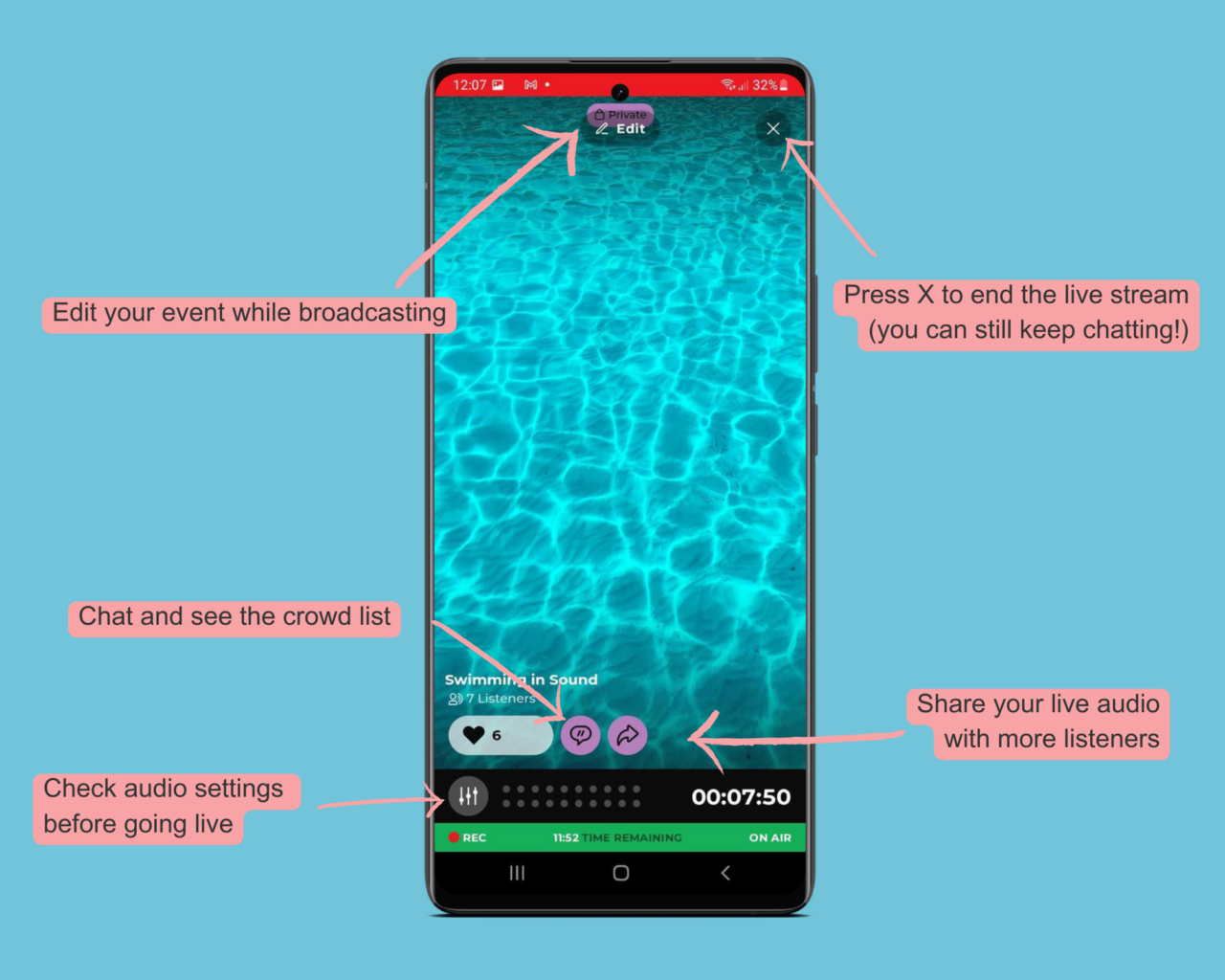 Arrows highlighting the different parts of the Android Creators app's broadcast screen. The pencil icon lets you edit a live event; The "x" ends a live stream (but you can still keep chatting); the speech bubble pulls up the chat window, where you can also toggle back and forth between the chat and list of listeners; the audio settings icon is accessible on the broadcast screen before starting a live event; and the arrow enables you to share your live audio event with more listeners.