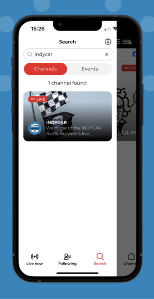 Image of the new search function in the iOS Listeners app. The search field has the term Indycar with results displaying Indycar's channel on Mixlr