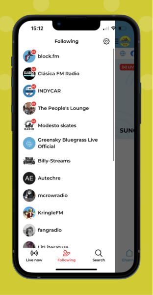 An image of iOS Listener's screen featuring a listener's Following list, accessible via a sidebar menu