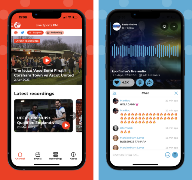 Two images feature the new Mixlr for Listeners app on iOS. On the left, Live Sports FM's channel is featured. On the right, Kool 97 FM's live chat on their channel event page is featured.