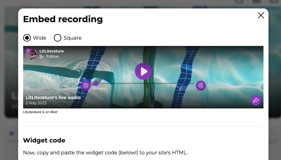 Screenshot of an embeddable recording, which can be found in your Creators space in Mixlr